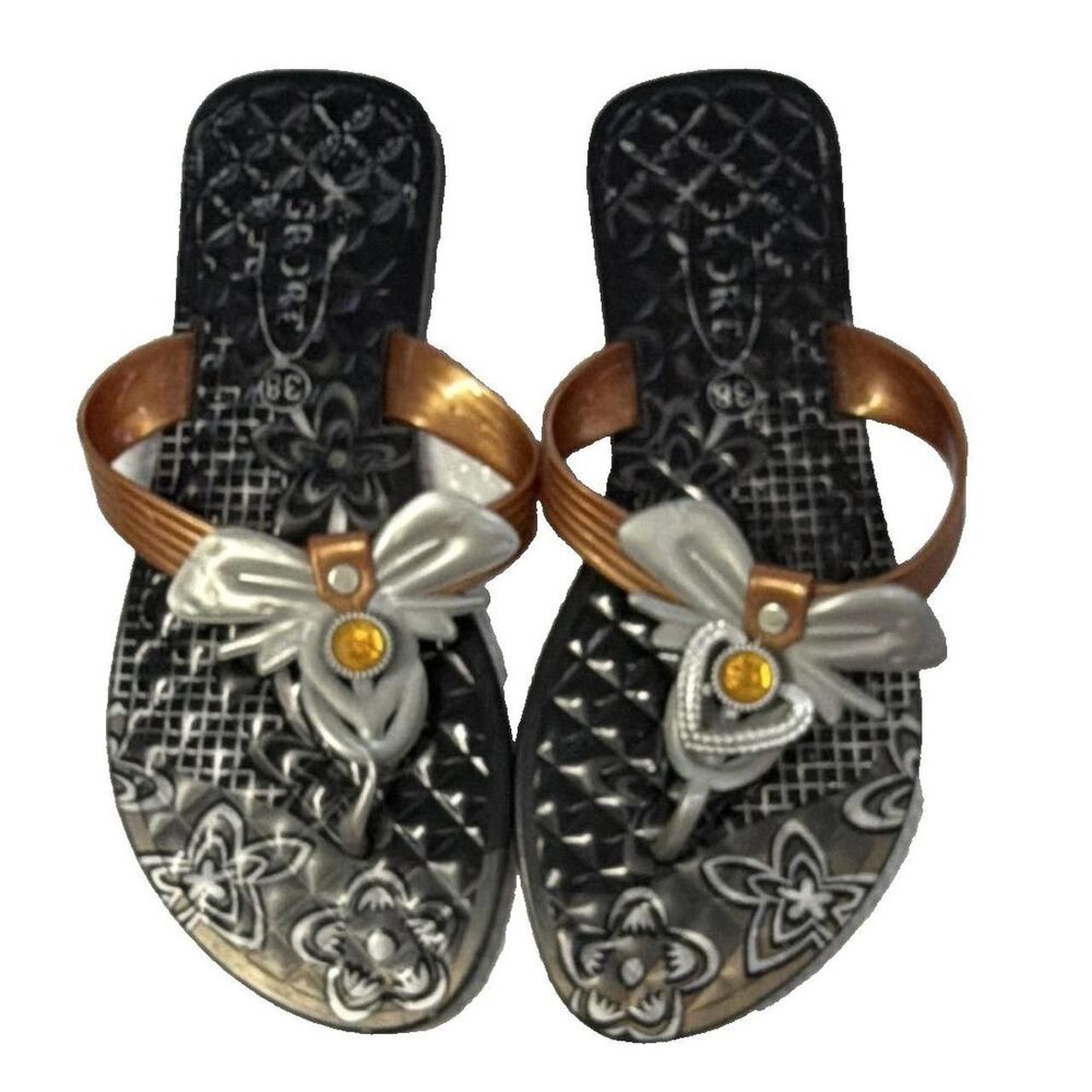 Women's Y2K Black Floral Thong Sandals Silver Bow Rhinestone Size 6.5 boho
